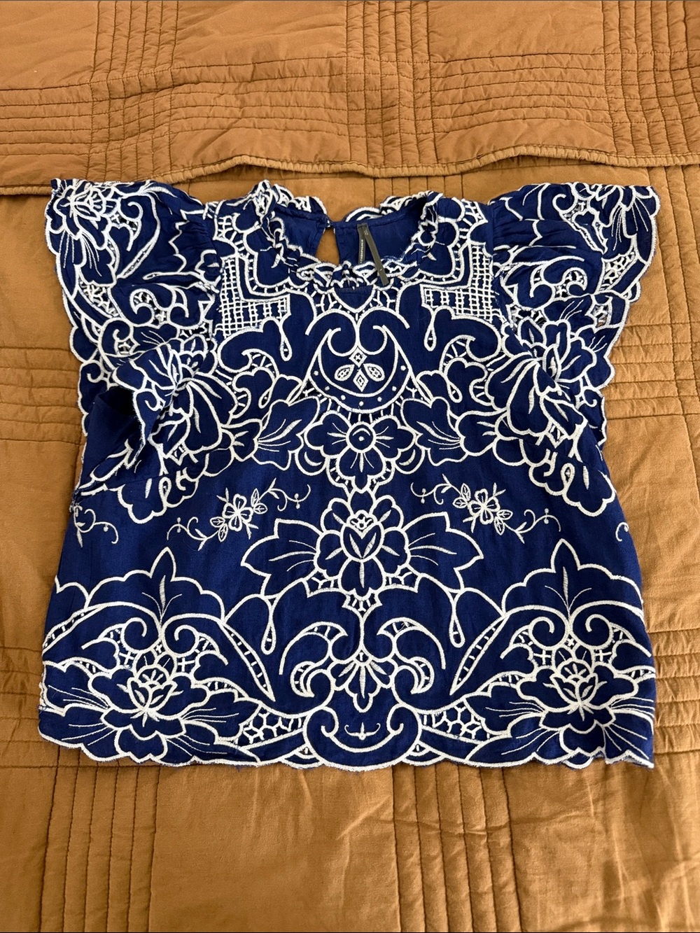 Women’s Anthropologie Embroidered Navy Blue Flutter Sleeve Top - Size L